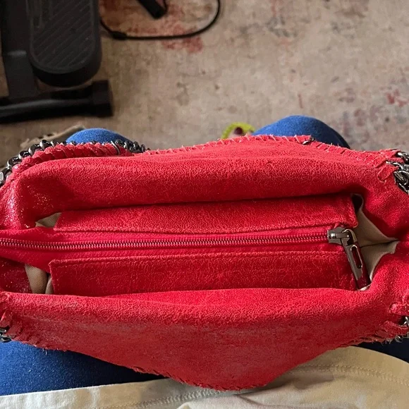 Italian Red Leather Chain Shoulder or Crossbody Bag Sofia designs Pewter Chain - Picture 9 of 16